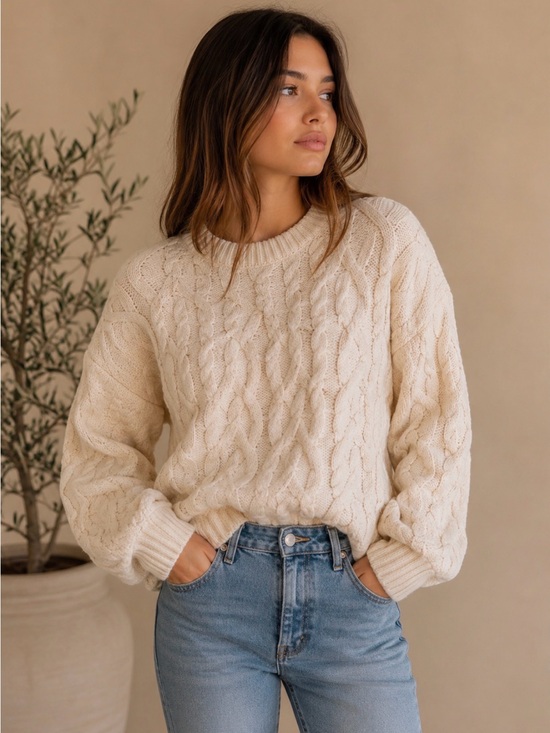 1. State Sweaters - 1.STATE Ivory Cable Knit Sweater XS Cream Cotton Blend Chunky Crewneck Knit
